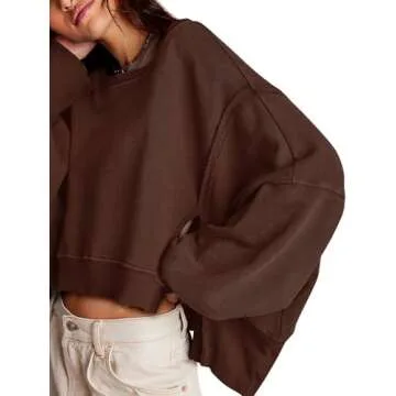 Zwurew Womens Crewneck Sweatshirt Roundneck Long Sleeve Tops Loose Workout Sweatshirt Coffee M