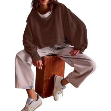 Zwurew Womens Crewneck Sweatshirt Roundneck Long Sleeve Tops Loose Workout Sweatshirt Coffee M