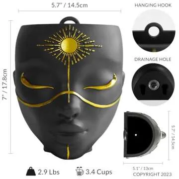 Bossa Linda Head Planter - Indoor & Outdoor Home Decor Gifts for Plant Lovers - for Flat Surface or Wall Mount - Unique Face Planter for Flowers, Succulents, & More (7 inch, Sunsola Design, Black)