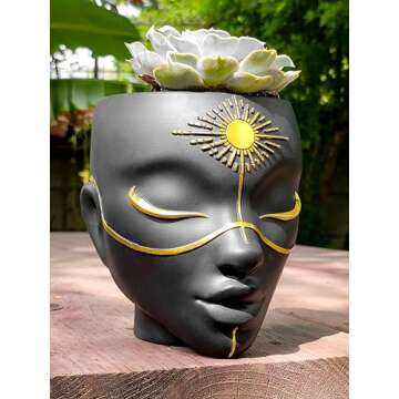 Bossa Linda Head Planter - Indoor & Outdoor Home Decor Gifts for Plant Lovers - for Flat Surface or Wall Mount - Unique Face Planter for Flowers, Succulents, & More (7 inch, Sunsola Design, Black)