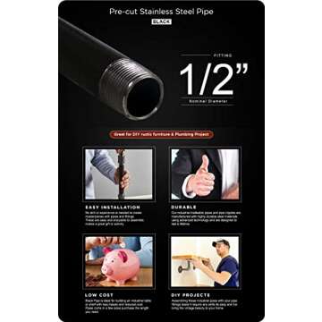 SupplyGiant 1/2 x 48 Inch Black Steel Pipe (5-Pack), Heavy Duty Industrial Malleable Iron Pipes, Pre...