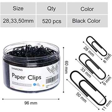 DANRONG 520 PCS Black Paper Clips Assorted Sizes, Small Medium and Large (1.1", 1.3" & 2"), Paperclips for Office, School, Home Supplies-Black