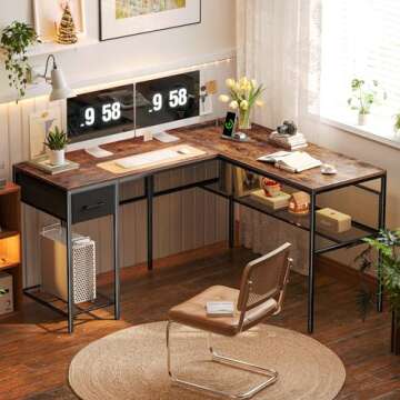 SUPERJARE L Shaped Desk with Power Outlets, Computer Desk with Drawer, Reversible Corner Desk with G...