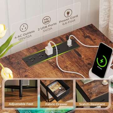 SUPERJARE L Shaped Desk with Power Outlets, Computer Desk with Drawer, Reversible Corner Desk with Grid Storage Bookshelf, Home Office Desk, Rustic Brown