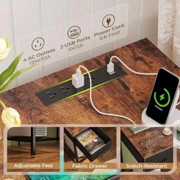 SUPERJARE L Shaped Desk with Power Outlets, Computer Desk with Drawer, Reversible Corner Desk with Grid Storage Bookshelf, Home Office Desk, Rustic Brown