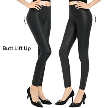 Faux Leather Leggings for Women Tummy Control Stretch High Waist Pleather Pants Black