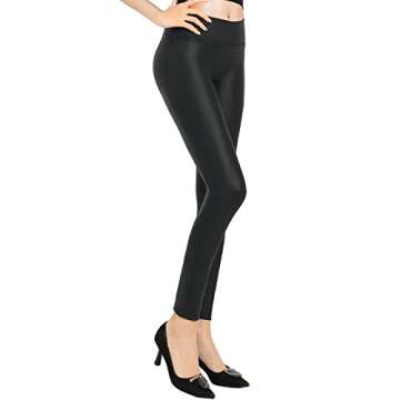 Faux Leather Leggings for Women Tummy Control Stretch High Waist Pleather Pants Black