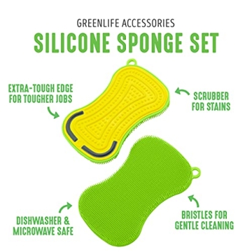 GreenLife Reusable Multipurpose Silicone 2 Pack Sponge and Scrubber, Hygienic and Odor Resistant Dish Washing, Scratch Free Cleaning, Dishwasher and Microwave Safe, BPA Free, Green and Yellow