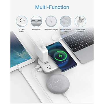 Wireless Charger Small Power Strip 2 USB A Ports, TESSAN Mini Flat Plug Nightstand Desktop Charging ...