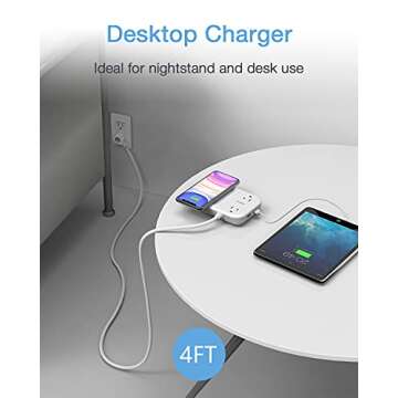 Wireless Charger Small Power Strip 2 USB A Ports, TESSAN Mini Flat Plug Nightstand Desktop Charging Station with 2 Outlet 4 ft Extension Cord, Compatible with iPhone and Samsung for Dorm Room Cruise