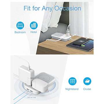 Wireless Charger Small Power Strip 2 USB A Ports, TESSAN Mini Flat Plug Nightstand Desktop Charging Station with 2 Outlet 4 ft Extension Cord, Compatible with iPhone and Samsung for Dorm Room Cruise