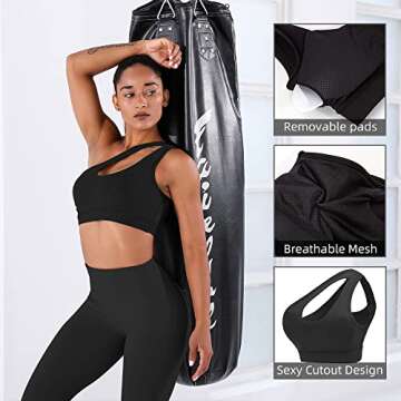 YOGASASA One Shoulder Sport Bra for Women Workout Bras Sexy Cutout Yoga Bra Medium Support,Black