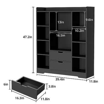 Cozy Castle Black Bookshelf, 4-Tier Open Shelf Bookcase with 2 Drawers and 10 Cubes, Wood Cube Storage Organizer Shelf for Bedroom, Living Room, 39.4" W X 47.2" H