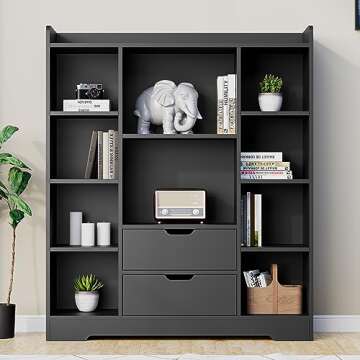 Cozy Castle Black Bookshelf, 4-Tier Open Shelf Bookcase with 2 Drawers and 10 Cubes, Wood Cube Storage Organizer Shelf for Bedroom, Living Room, 39.4" W X 47.2" H