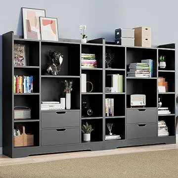 Cozy Castle Black Bookshelf, 4-Tier Open Shelf Bookcase with 2 Drawers and 10 Cubes, Wood Cube Storage Organizer Shelf for Bedroom, Living Room, 39.4" W X 47.2" H