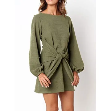 R.Vivimos Women's Autumn Winter Cotton Long Sleeves Elegant Knitted Bodycon Tie Waist Sweater Pencil Dress