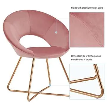DUHOME Modern Accent Velvet Chairs Dining Chairs Single Sofa Comfy Upholstered Arm Chair Living Room Furniture Mid-Century Leisure Lounge Chairs with Golden Metal Frame Legs 1 PCS Pink