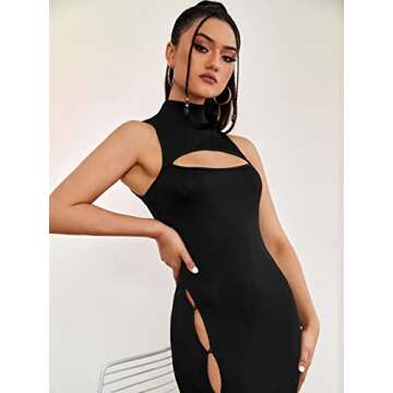 Verdusa Women's Mock Neck Cut Out Split Thigh Sleeveless Long Bodycon Dress Black XS