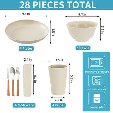 28pcs Wheat Straw Dinnerware Sets for 4, Eco-Friendly Plates & Bowls, Microwave Safe