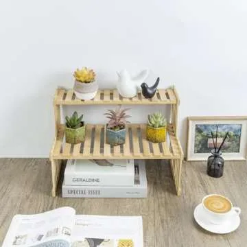 MyGift Natural Bamboo Indoor Plant Stand for Desk, 2 Tier Desktop Shelf Organizer Rack with 2 Slatted Shelves
