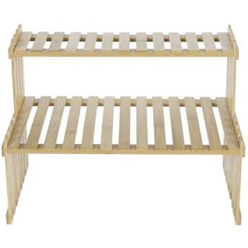 MyGift Natural Bamboo Indoor Plant Stand for Desk, 2 Tier Desktop Shelf Organizer Rack with 2 Slatted Shelves