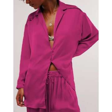Fenghualzzniya Women Satin Pajama Set Floral Silk Pajamas 2 Piece Lounge Sets Button Down Shirts Wide Leg Pants Pjs Sleepwear, Rosered Purple, Small