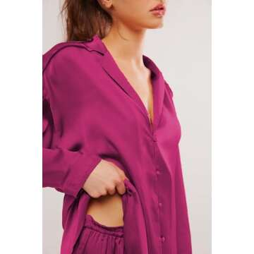 Fenghualzzniya Women Satin Pajama Set Floral Silk Pajamas 2 Piece Lounge Sets Button Down Shirts Wide Leg Pants Pjs Sleepwear, Rosered Purple, Small
