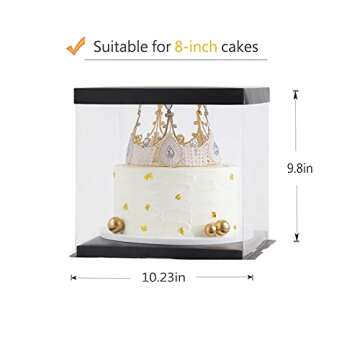 XININSUN 2Pcs Large Cake PET Clear Box, 10" X 10" X 9" with ribbon and pre-folded lid, for 8" cake packing carry, baking cookie display, Carry Tall Layer Gift, Festive Gift Box -Black
