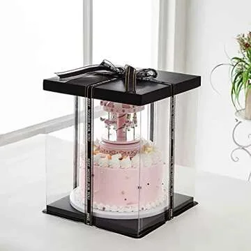 XININSUN 2Pcs Large Cake PET Clear Box, 10" X 10" X 9" with ribbon and pre-folded lid, for 8" cake packing carry, baking cookie display, Carry Tall Layer Gift, Festive Gift Box -Black