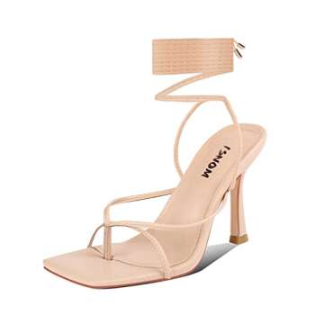 ISNOM Strappy Heels for Women, Lace Up Heels Sandals, Square Toe Open Toe Thong Women's Stiletto Heeled Sandals -Nude