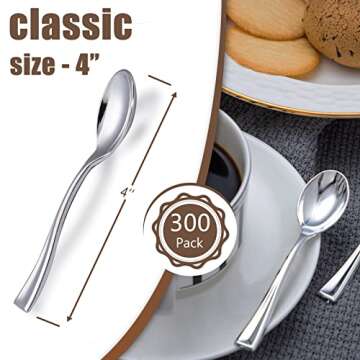 WDF 300 Pieces Plastic Silver Mini Spoons - 4 Inches Silver Plastic Tasting Spoons for Desserts, Hea...