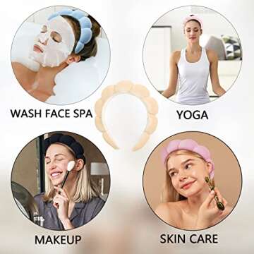Luckybear Spa Headband for Washing Face, Velvet Makeup Headband, Bubble Skincare Headbands with Face Wash Wristbands, Sponge Puffy Headband for Women Skin Care -Nude