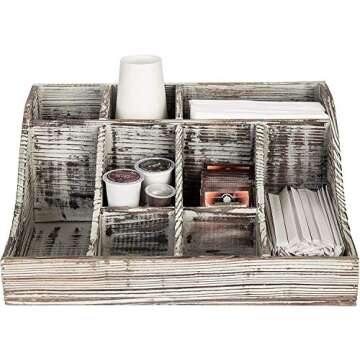 MyGift Torched Wood Countertop Coffee, Tea and Condiment Holder Storage Caddy with 9-Compartments