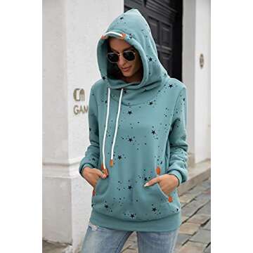 Kapoohott Womens Long Sleeve High Necked Printed Hoodie Casual Jumper Pullover Sweatshirt with Pockets(Light Green,M)