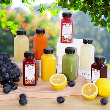 SUPERLELE 12pcs 8oz Plastic Juice Bottles with Caps, Reusable Clear Juice Containers with Labels, Funnel and Brush for Juicing, Smoothie, Milk