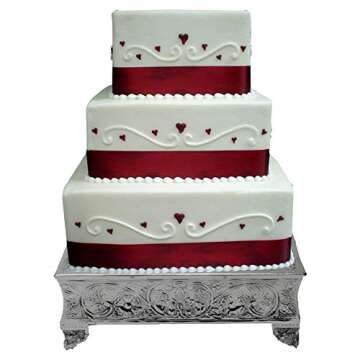 GiftBay 16 inch Square Silver Wedding Cake Stand, Hand Crafted, Embossed, Durable Build