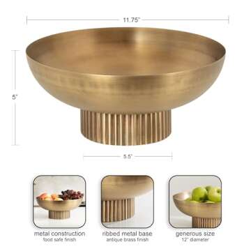 Kate and Laurel Rooks Ribbed Decorative Metal Bowl, 12 Inch Diameter, Brass, Modern Raised Fruit Bowl for Kitchen Counter or Use as a Key Bowl for an Entryway Table