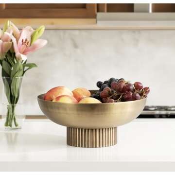 Kate and Laurel Rooks Ribbed Decorative Metal Bowl, 12 Inch Diameter, Brass, Modern Raised Fruit Bowl for Kitchen Counter or Use as a Key Bowl for an Entryway Table