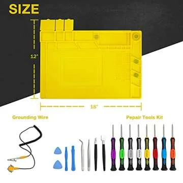 KOTTO Anti-Static ESD Safe Magnetic Soldering Mat, Silicone Repair Mat, includes Repair Tools Kit and Anti Static Grounding Wire for BGA Soldering Iron, Heat Gun, Cell Phone Laptop (Yellow Mat)
