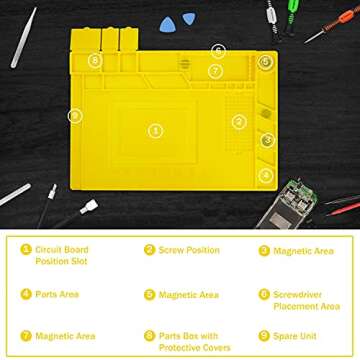 KOTTO Anti-Static ESD Safe Magnetic Soldering Mat, Silicone Repair Mat, includes Repair Tools Kit and Anti Static Grounding Wire for BGA Soldering Iron, Heat Gun, Cell Phone Laptop (Yellow Mat)