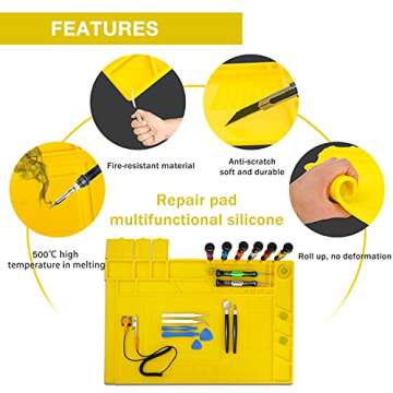 KOTTO Anti-Static ESD Safe Magnetic Soldering Mat, Silicone Repair Mat, includes Repair Tools Kit and Anti Static Grounding Wire for BGA Soldering Iron, Heat Gun, Cell Phone Laptop (Yellow Mat)