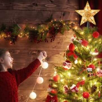 Christmas Star Tree Topper, Plug in Sliver Glittered 3D Star Tree Topper, Metal Hollow Designed Buil...