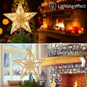 Christmas Star Tree Topper, Plug in Sliver Glittered 3D Star Tree Topper, Metal Hollow Designed Built-in 10 Bulbs String Lights for Indoor Office Christmas New Year Holiday Tree Decoration