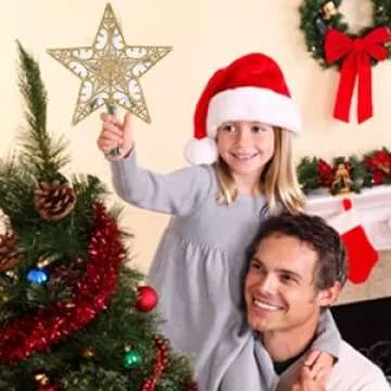 Christmas Star Tree Topper, Plug in Sliver Glittered 3D Star Tree Topper, Metal Hollow Designed Built-in 10 Bulbs String Lights for Indoor Office Christmas New Year Holiday Tree Decoration