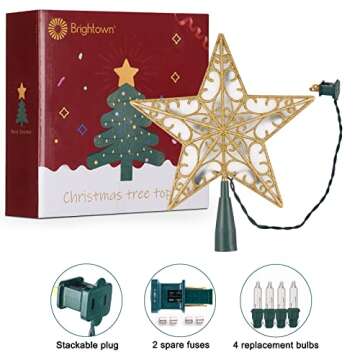 Christmas Star Tree Topper, Plug in Sliver Glittered 3D Star Tree Topper, Metal Hollow Designed Built-in 10 Bulbs String Lights for Indoor Office Christmas New Year Holiday Tree Decoration