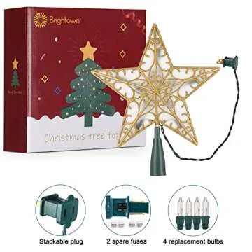 Christmas Star Tree Topper, Plug in Sliver Glittered 3D Star Tree Topper, Metal Hollow Designed Built-in 10 Bulbs String Lights for Indoor Office Christmas New Year Holiday Tree Decoration