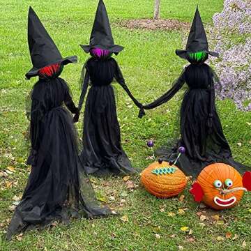 Hourleey Halloween Decorations, 6 FT Set of 3 Lighted Halloween Witch with Stakes for Outdoor Garden Yard Lawn Haunted House Decor