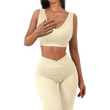 JZC 2 Piece Workout Sets for Women Stretchy Exercise Outfits 2 Pieces Yoga Sports Bra GMY Activewear Beige Medium