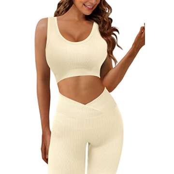 JZC 2 Piece Workout Sets for Women Stretchy Exercise Outfits 2 Pieces Yoga Sports Bra GMY Activewear Beige Medium