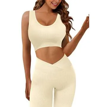 JZC 2 Piece Workout Sets for Women Stretchy Exercise Outfits 2 Pieces Yoga Sports Bra GMY Activewear Beige Medium